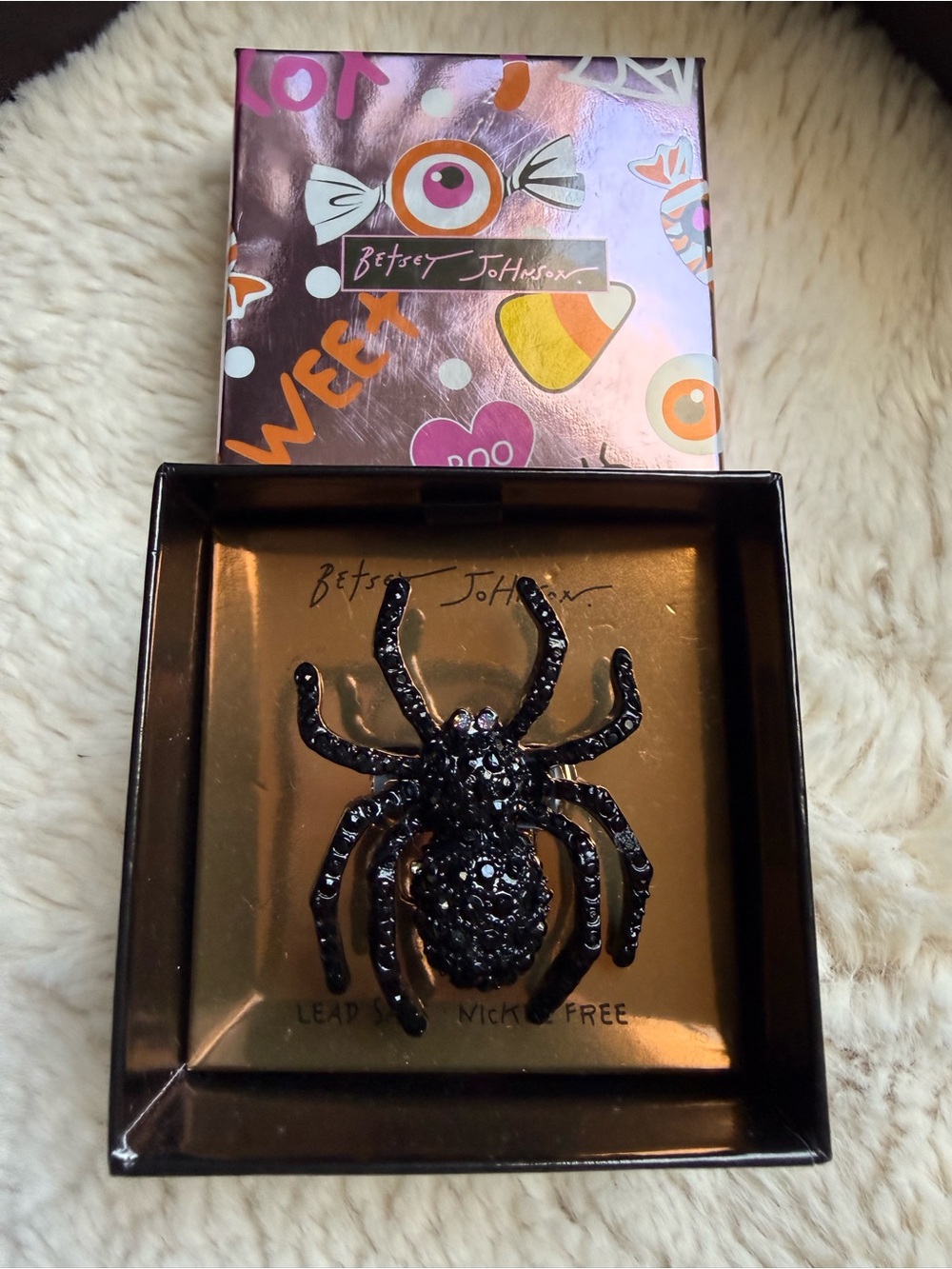 Betsey Johnson NIB Black Jeweled Spider Ring Stretchy Halloween